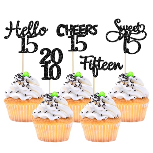 Gyufise Cupcake-Topper zum 15. Geburtstag, Motiv: Hello Sweet Cheers to 15 Fifteen Since 2010, Cupcake-Picks für den 15. Geburtstag, Party-Kuchendekorationen, 30 Stück von Gyufise