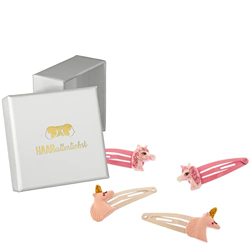 HAARallerliebst 4 Haarspangen Haarclips Haarklammern mit Einhorn Kopf für Kinder Mädchen in weisser Box von HAARallerliebst