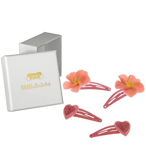 HAARallerliebst 4 Haarspangen Haarklammern Haarclips mit grosser Blume und glitzerndem Herz für Kinder Mädchen in weisser Box von HAARallerliebst