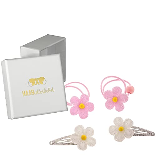 HAARallerliebst Haarschmuck Set (4 teilig | Grosse Blumen | Glitzer rosa Weiss) für Mädchen inkl. Schachtel zur Aufbewahrung (Schachtelfarbe: Weiss) von HAARallerliebst