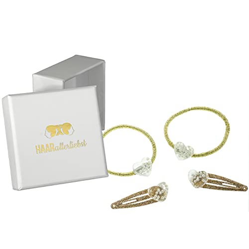 HAARallerliebst Haarschmuck Set (4 teilig | Herzen mit Perlen | Gold Glitzer) für Mädchen inkl. Schachtel zur Aufbewahrung (Schachtelfarbe: Weiss) von HAARallerliebst