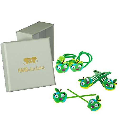 HAARallerliebst Haarschmuck Set (6 teilig | grüne Äpfel mit Kulleraugen |) für Kinder inkl. Schachtel zur Aufbewahrung (Schachtelfarbe: Weiss) von HAARallerliebst