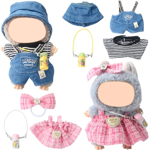2 Set 17cm Puppenkleidung Kompatibel mit Labubu Puppen, Modische Puppenkleidung Zubehör Set mit 1 Rosa Overall 1 Schleife Haarspange 1 Herz Halskette 1 Tasche für Mädchen Kinder Geschenke, Ohne Puppe 2 Set 17cm Puppenkleidung Kompatibel mit Labubu Puppen, Modische Puppenkleidung Zubehör Set mit 1 Rosa Overall 1 Schleife Haarspange 1 Herz Halskette 1 Tasche für Mädchen Kinder Geschenke, Ohne Puppe von HAASIKI