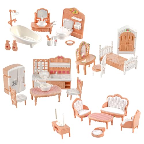 Puppenhaus Möbel Set, 4 Zimmer Kit 32 Stück Miniatur Puppenhaus Holzmöbel Zubehör, 1:12 Mini Puppenhaus Möbel Sets, Spielmöbel, Puppenhaus Zubehör Spielzeug für Jungen, Mädchen und Kleinkinder von HAASIKI