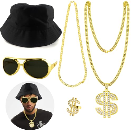 HAASIKI 5-teiliges Hip-Hop-Kostüm-Set, Rapper Hippie-Zubehör mit goldener Kette, Halskette, Disco-Dollarzeichen, Ringe, Retro-Sonnenbrille, Armband, Verkleidung für Damen und Herren, von HAASIKI