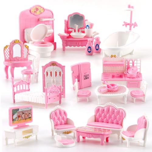 Puppenhaus Möbel Set, 4 Zimmer Kit 32 Stück Miniatur Puppenhaus Holzmöbel Zubehör, 1:12 Mini Puppenhaus Möbel Sets, Spielmöbel, Puppenhaus Zubehör Spielzeug für Jungen, Mädchen und Kleinkinder von HAASIKI