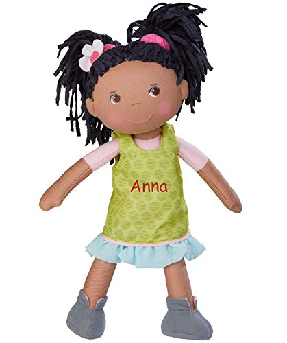 HABA Stoffpuppe Cari mit Namen Bestickt, weiche Erste Baby Puppe, 0-5 Jahre Kuschelpuppe afrikanisch Taufgeschenk, Geschenk zur Geburt/Taufe 304576 von LALALO