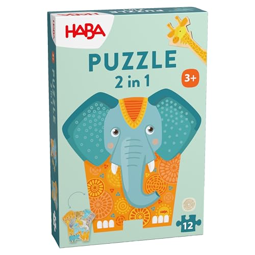 HABA 2-in-1 Elefant Puzzle: Beidseitiges Holzpuzzle mit afrikanischen Tiermotiven – Fördert Kreativität & Motorik – Montessori-Spielzeug für Kinder ab 3 Jahren – 2011068001 von HABA