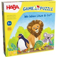 HABA 2011724001 - Game Meets Puzzle, Wo Leben Löwe & Co.?, Würfelspiel & Puzzle, Kinderspiel von HABA