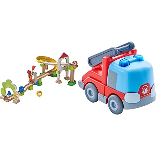 HABA 300438 - Kugelbahn Kullerbü - Windradbahn & 303844 - Kullerbü – Feuerwehr-Leiterwagen | Motorikspielzeug von 2-8 Jahren | Tolles Zubehör für alle Kullerbü-Bahnen von HABA