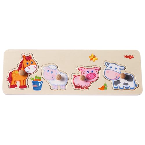 HABA 301939 - Greifpuzzle Bauernhof-Tierkinder, 4-teiliges Holzpuzzle mit Tiermotiven und großen Holzknöpfen zum Greifen, Holzspielzeug ab 12 Monaten HABA 301939 - Greifpuzzle Bauernhof-Tierkinder, 4-teiliges Holzpuzzle mit Tiermotiven und großen Holzknöpfen zum Greifen, Holzspielzeug ab 12 Monaten von HABA