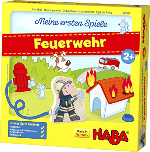 HABA Feuerwehr – Meine ersten Spiele – interaktives Feuerwehr Spielzeug für Kinder ab 2 Jahren, Spieleschachtel Wird zur bespielbaren Feuerwache – Memospiel für 1-4 Spieler – 1303807001 von HABA