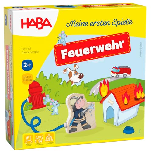 HABA Feuerwehr – Meine ersten Spiele – interaktives Feuerwehr Spielzeug für Kinder ab 2 Jahren, Spieleschachtel Wird zur bespielbaren Feuerwache – Memospiel für 1-4 Spieler – 1303807001 von HABA