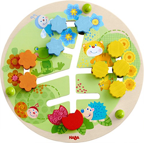 HABA 303852 - Motorikbrett Blumen , Holzspielzeug ab 12 Monaten , Lustiger Schiebespaß mit buntem Blumenwiesenmotiv , Rückseite mit Zahlenspiel von HABA