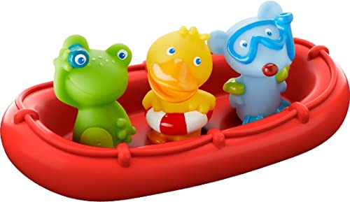 HABA - 303866 - Badeboot Tiermatrosen AHOI!, Badespielzeug mit Boot, Frosch, Ente und Maus, Set aus Badeboot mit DREI Fingerpuppen zum Aufstecken, Badewannenspielzeug ab 12 Monaten von HABA