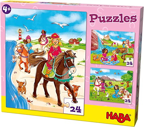 HABA 304221 - Puzzles Pferdefreundinnen, 3 Puzzles mit je 24 Teilen; 3 unterschiedliche Pferde- und Reitmotive, Puzzlespaß ab 4 Jahren von HABA