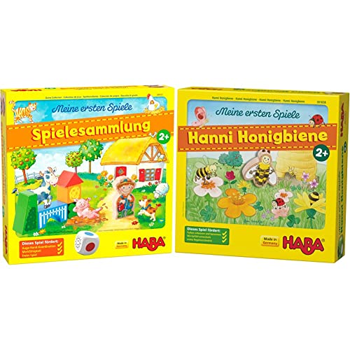 HABA 304223 - Meine ersten Spiele – Spielesammlung, 10 erste Spiele auf dem Bauernhof & 301838 - Meine ersten Spiele Hanni Honigbiene, kooperatives Farbwürfelspiel für 1-4 Spieler ab 2 Jahren von HABA