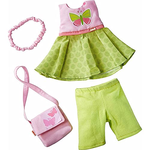 HABA 304253 - Kleiderset Schmetterling, Set aus Kleid, Hose, Handtasche und Haarband, Puppenzubehör für alle 30 cm großen Puppen, ab 18 Monaten von HABA