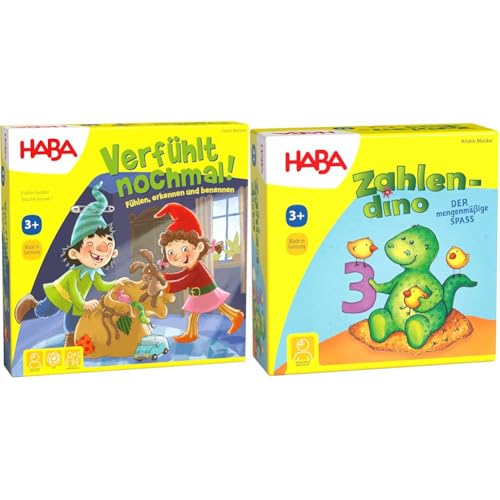 HABA 304508 Verfühlt nochmal, Fühlspiel für Kinder ab 3 Jahren, Holzteilen schult spielerisch die Feinmotorik & 4928 - Zahlendino Dinostarkes Zahlen- und Memospiel, für 1-4 Kinder von 3-8 Jahren von HABA