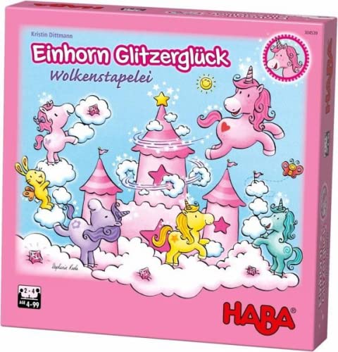 HABA 304539 - Einhorn Glitzerglück - Wolkenstapelei, kooperatives Stapelspiel mit Einhörnern und Wolken aus Holz, Spiel ab 4 Jahren von HABA