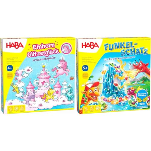 HABA 304539 - Einhorn Glitzerglück - Wolkenstapelei, kooperatives Stapelspiel & Funkelschatz Brettspiel, Kinderspiel des Jahres 2018, Mitbringspiel für 2-4 Spieler ab 5 Jahren von HABA