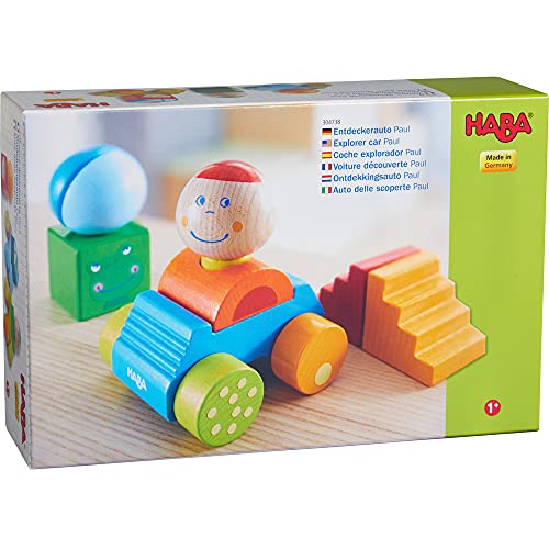 HABA 304738 - Entdeckerauto Paul, buntes Auto mit Bausteinen aus Holz und Kugel mit Rassel-Effekt, Spielzeug ab 12 Monaten von HABA