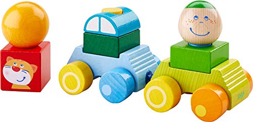 HABA 304739 - Entdeckerauto Anton, Auto mit Anhänger und Bausteinen aus Holz, Motorikspielzeug zum Stecken und Bauen, Spielzeug ab 12 Monaten von HABA