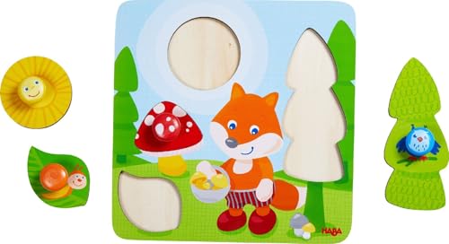 HABA 305204 - Greifpuzzle Fuchs, 4-teiliges Holzpuzzle mit Motiv-Holzknöpfen zum Greifen, Holzspielzeug ab 12 Monaten zur Förderung der Feinmotorik und Formzuordnung von HABA