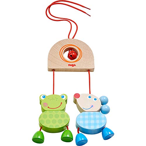 HABA 305232 - Hängefigur Zappelduo, Babyspielzeug für Babyschale, Spieltrainer, Kinderbett und Kinderwagen, mit Glöckchen, Holzspielzeug ab 6 Monaten von HABA