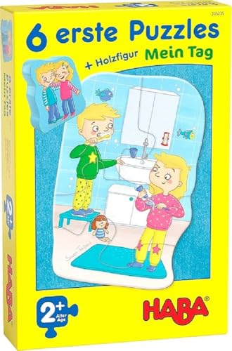 HABA 305235-6 erste Puzzles – Mein Tag, Puzzle ab 2 Jahren mit extragroßen Teilen und Holzfigur zum freien Spielen von HABA