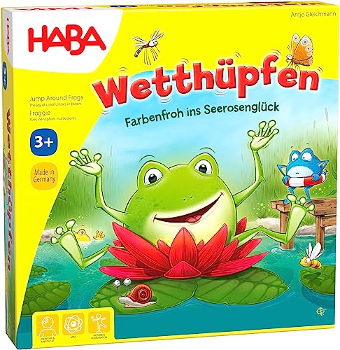 HABA 305272 - Wetthüpfen, Würfelspiel für Kinder von 3 bis 7 Jahren mit unterschiedlichen Spielvarianten, Spielmaterial aus Stabiler Pappe und Holz, Spiel ab 3 Jahren von HABA