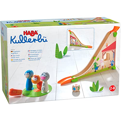 HABA 305414 - Kullerbü – Kugelbahn Kegelfarm, Kugelbahn aus Holz mit Kugelrampe, Klangkugel, Spielwürfel und Kegel-Figuren, Holzspielzeug ab 2 Jahren von HABA