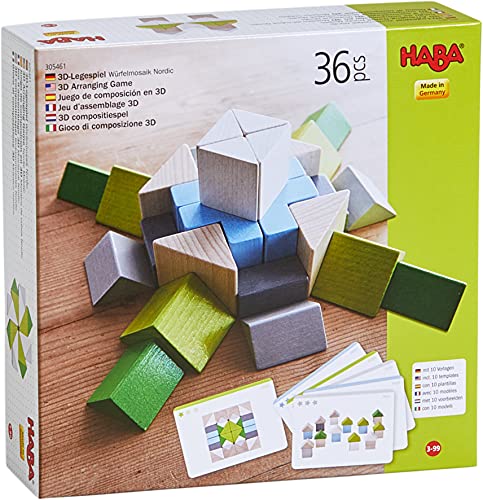 HABA 305461-3D-Legespiel Würfelmosaik Nordic, Holzbausteine in unterschiedlichen Formen und Farben zum Legen und Stapeln, mit Vorlagekarten zum Nachbauen, Spielzeug ab 3 Jahren von HABA