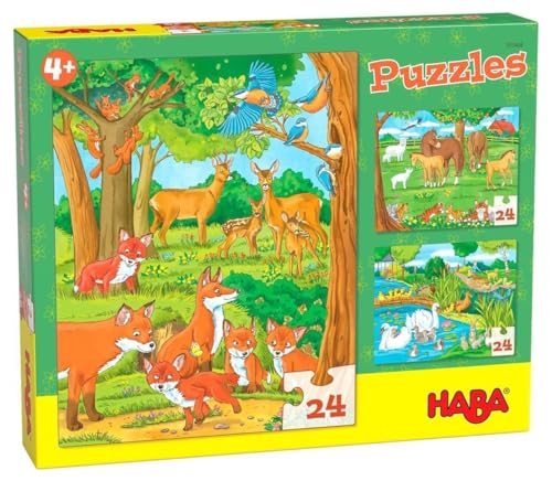 HABA 305468 - Puzzles Tierfamilien, Puzzle-Box mit 3 Tier-Motiven für Kinder ab 4 Jahren, Kinderpuzzles mit je 24 Teilen, zur Förderung der Feinmotorik und Auge-Hand-Koordination von HABA