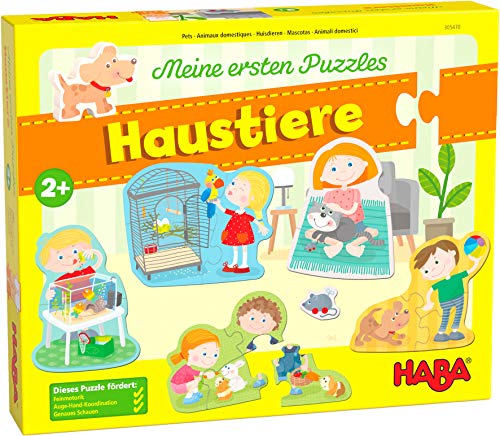 HABA 305470 - Mein erstes Puzzle – Haustiere, Puzzleset für Kleinkinder ab 2 Jahren mit 5 Motiven und einem Hund aus Holz für freies Spielen von HABA