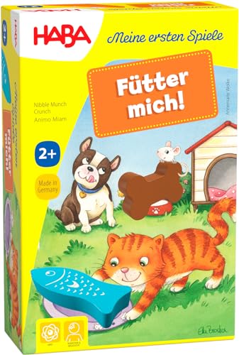 HABA Meine ersten Spiele - Fütter Mich Zuordnungsspiel ab 2 Jahren für 1-5 Spieler mit 5 Holzfiguren zum Thema Haustiere, Spieldauer 5 min, vermittelt Regelverständnis an Kleinkinder von HABA