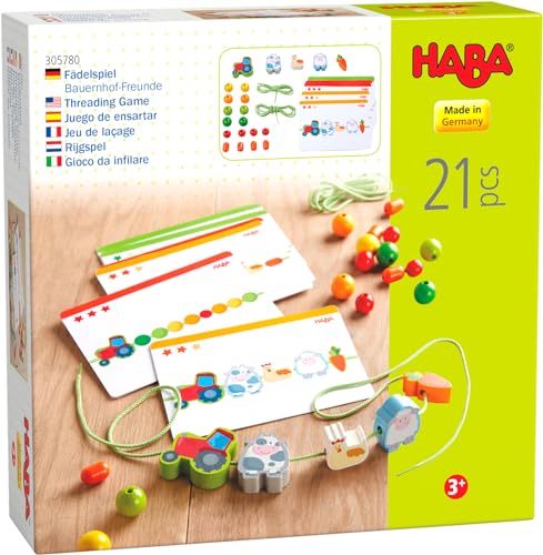 HABA Fädelspiel Bauernhof-Freunde – Kreatives Lernspiel & Fädelkette mit 21 Holzperlen & 2 Schnüren inkl. Vorlagekarten – Fädelspaß für Kinder ab 3 Jahren – 1305780001 von HABA