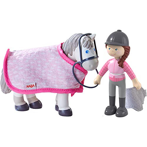 HABA 306168 - Little Friends Reiterin Sanya und Pferd Saphira, Biegepuppen & Tiere ab 3 Jahren, Pink, Grau von HABA