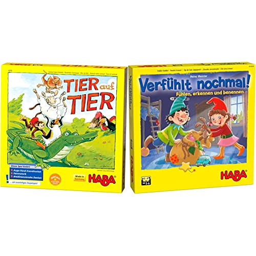 HABA 4478 - Tier auf Tier, Stapelspiel für 2-4 Spieler ab 4 Jahren & 304508 – Verfühlt nochmal!, Fühlspiel für Kinder ab 3 Jahren von HABA