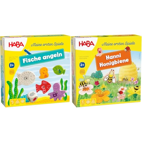 HABA - Meine ersten Spiele Fische Angeln & Hanni Honigbiene, kooperatives Farbwürfelspiel für 1-4 Spieler ab 2 Jahren, zum Farbenlernen von HABA