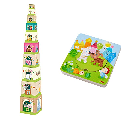 HABA 5879 - Stapelwürfel Auf dem Land, lustiges Stapelspiel für Babys ab 1 Jahr & Holzpuzzle Kunterbunte Tierkinder | Puzzlespaß in 5 Schichten | Stabile Holzteile mit bunten Tiermotiven von HABA