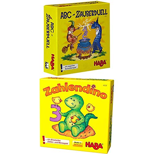 HABA Lernspiel: ABC-Zauberduell + Zahlendino - Lernspiel für Schulanfänger ab 6 Jahren - Buchstabenkarten, Zahlendino-Figur von HABA