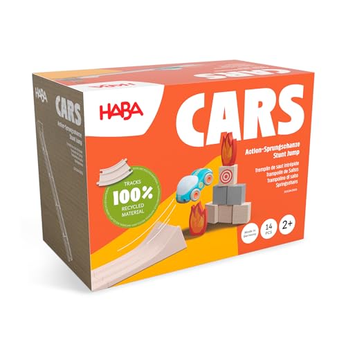 HABA Cars Action-Sprungschanze – 15-teiliges Set aus recyceltem Holz und Kunststoff – Auto mit starkem Schwungmotor, batteriefrei – Für Kinder ab 2 Jahren – 2011843001 von HABA