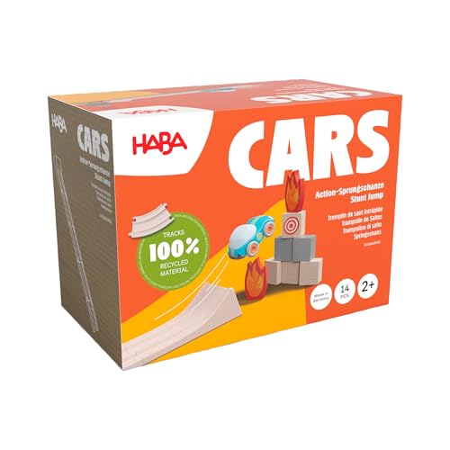 HABA Cars Action-Sprungschanze – 15-teiliges Set aus recyceltem Holz und Kunststoff – Auto mit starkem Schwungmotor, batteriefrei – Für Kinder ab 2 Jahren – 2011843001 von HABA