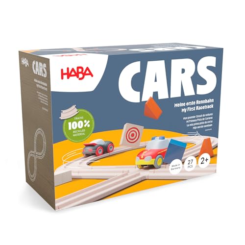 HABA Cars Meine erste Rennbahn – 27-teiliges Set inkl. 2 Autos – Nachhaltig aus recyceltem Holz und Kunststoff – Für Kinder ab 2 Jahren – 2011834001 von HABA