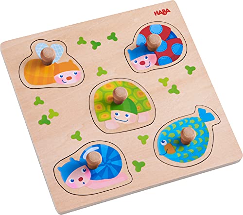 HABA 304589 - Greifpuzzle Bunte Tiere, 5-teiliges Holzpuzzle mit Tiermotiven und griffigen Holzknöpfen, Holzspielzeug ab 12 Monaten von HABA