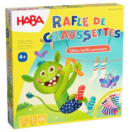 HABA Socken-Rafle Jubiläums-Edition – Familienspiel ab 4 Jahren – enthält echte Socken und Figuren aus Holz – Sonderedition 20 Jahre – 2011722002 von HABA