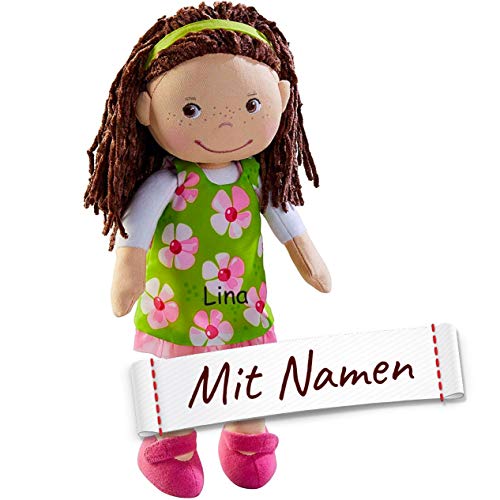 HABA Stoffpuppe Coco mit Namen Bestickt, weiche Erste Baby Puppe mit Kleidung und Haaren, 0-5 Jahre Kuschelpuppe Taufgeschenk, Anziehpuppe Kuschelpuppe 303666 von HABA