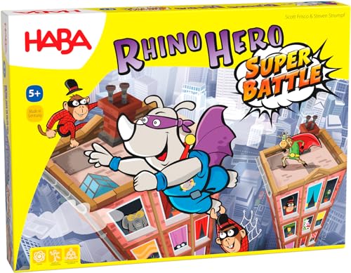 Haba 302808 - Rhino Hero - Super Battle, spannendes 3D-Stapelspiel für Kinder ab 5 Jahren, Geschicklichkeitsspiel zum Bestseller Rhino Hero, empfohlen von der "Kinderspiel des Jahres"-Jury von HABA