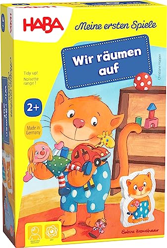 HABA Meine ersten Spiele: Wir räumen auf – Lernspiel ab 2 Jahren – Zuordnen von Gegenständen mit 3D-Spielregal – Für 1 bis 3 Spieler – 1303469001 von HABA